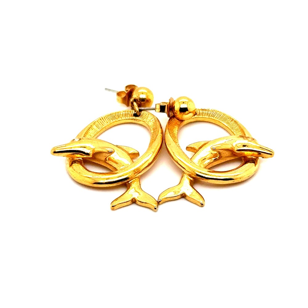 Avon Vintage Gold Tone Dolphin Hoop Earrings Rhinestone Eye Nautical Drop Dangle